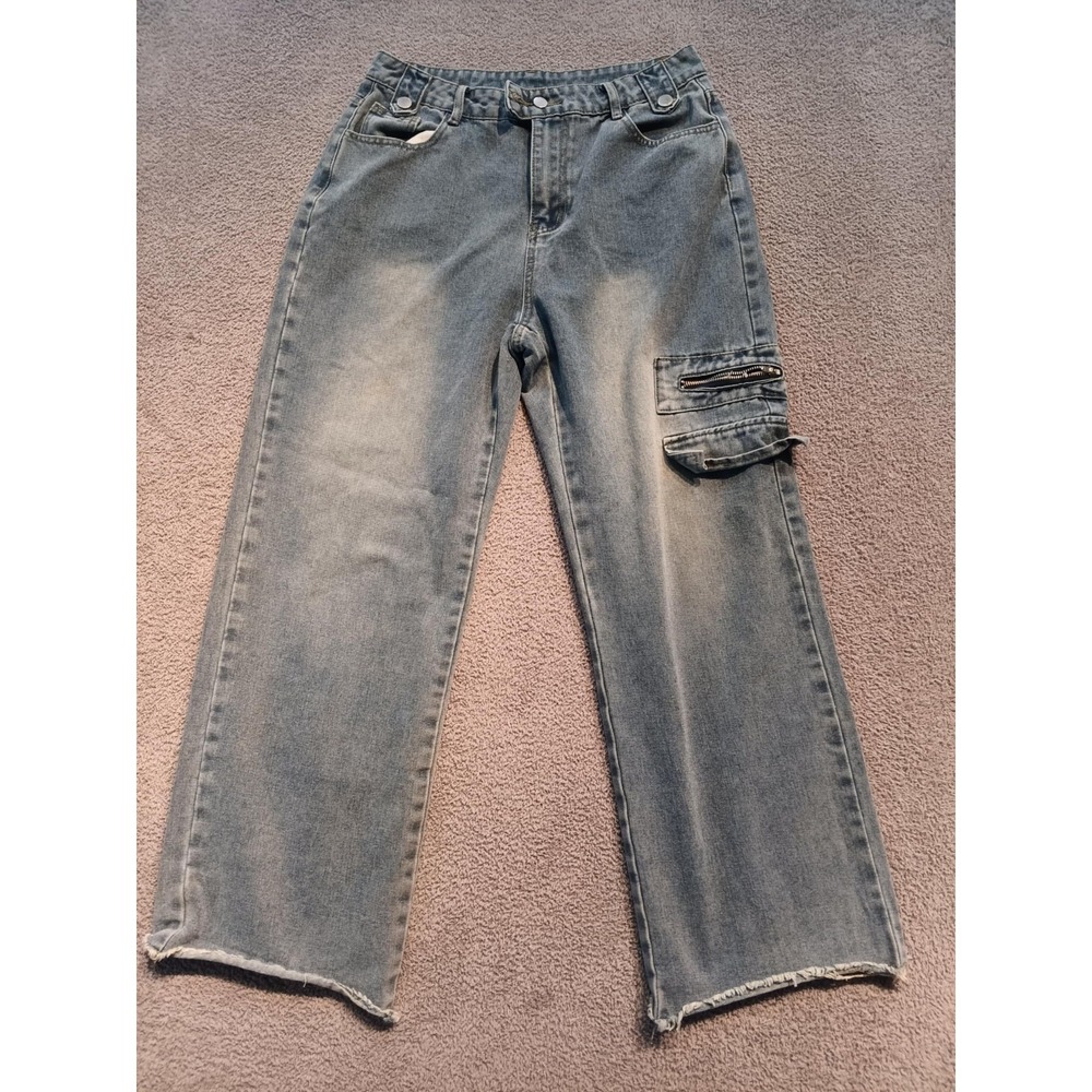 Women's XL Baggy Wide Leg Cargo Jeans Utility Pocket, Distressed Hem Y2K Street